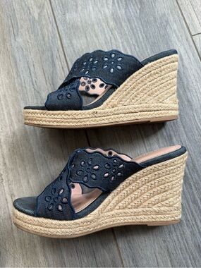 Navy Floral Cutout Espadrille Wedge Sandals